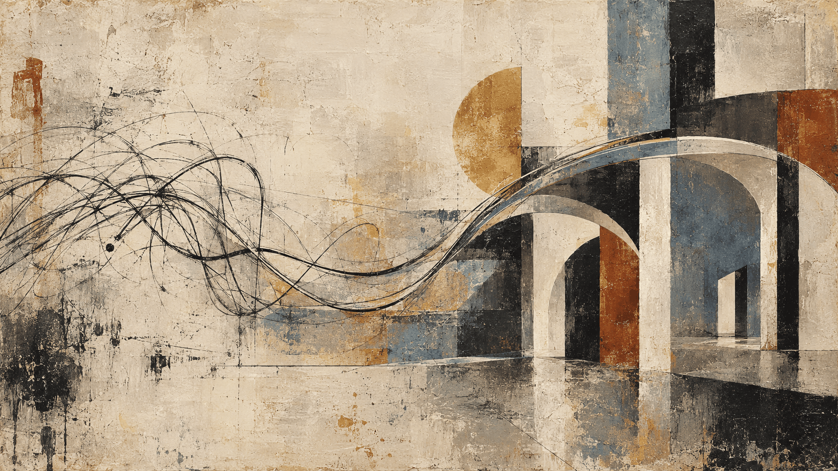 Tangled lines flow into ordered architectural arches on a textured cream field, with charcoal, muted blue, ochre, and rust forms.
