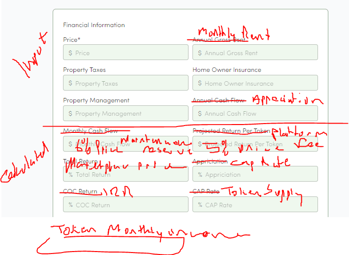 Blank Financial Information form with red annotations separating Input from Calculated and revising labels to Monthly Rent, IRR, and Token Supply.